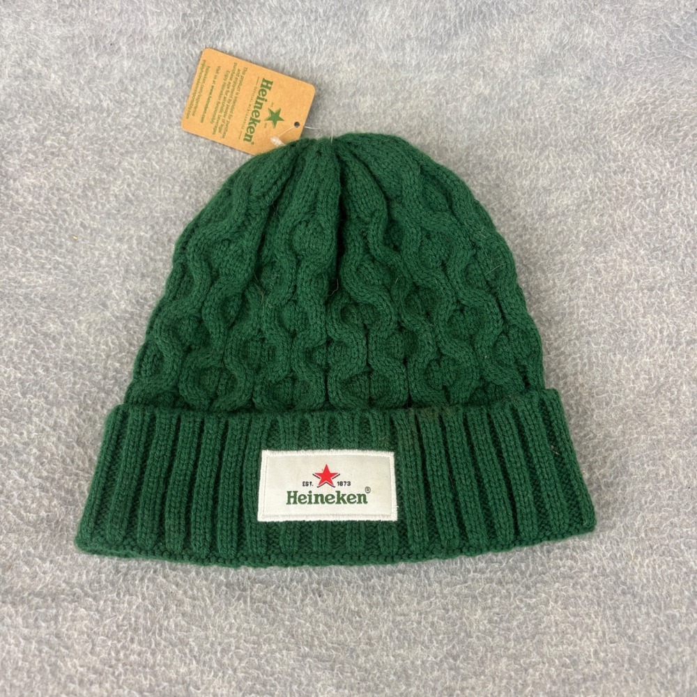 Heineken Beanie Hat Unisex One Size Green Cable Knit Cuffed Logo Patch New